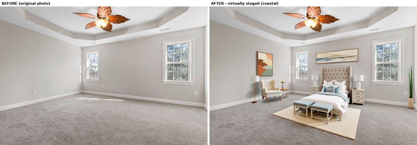 Side-by-side: original primary bedroom photo on the left, virtually staged coastal version on the right